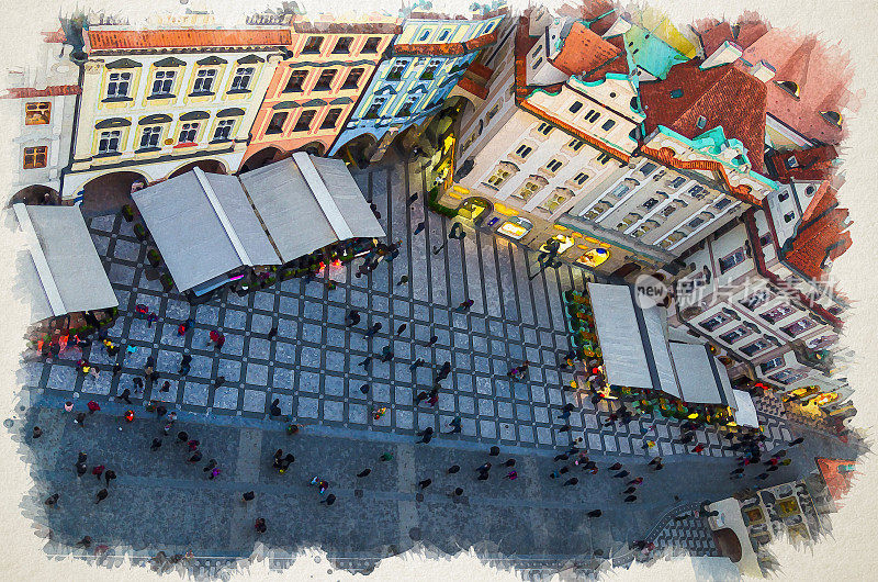 布拉格老城区Stare Mesto历史中心水彩画。在捷克共和国的晚上，老城广场Staromestske namesti上排列着五颜六色的外墙和红色屋顶的建筑